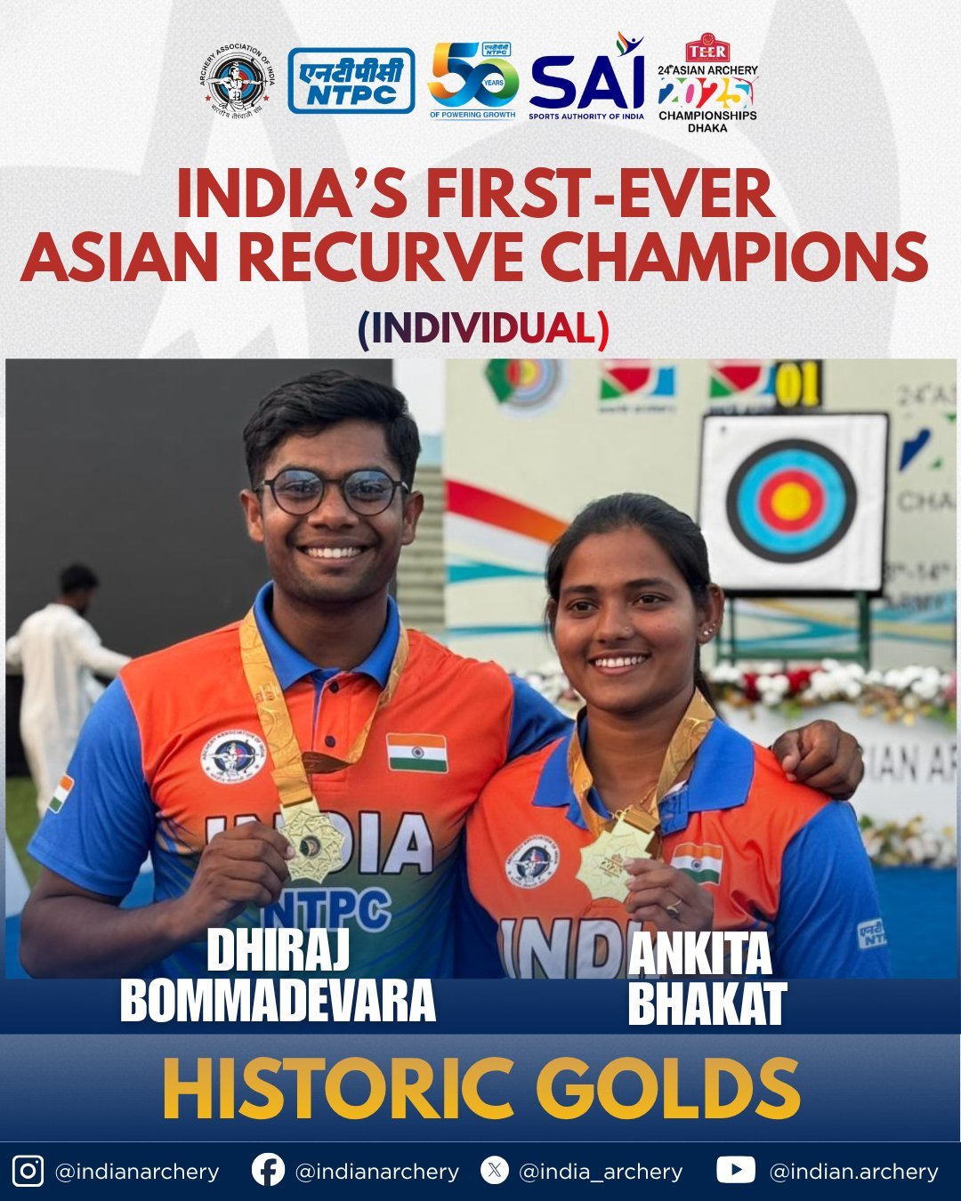 Ankita Bhakat and Dhiraj Bommadevara win recurve golds for India