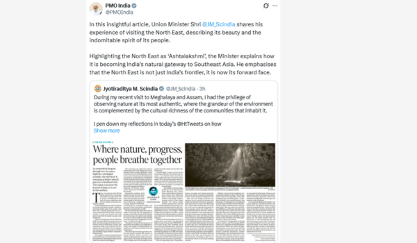 PM Modi Shares Article by Union Minister Jyotiraditya Scindia Highlighting North East as Ashtalakshmi