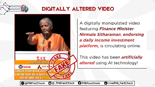 কেন্দ্রীয় অর্থমন্ত্রী নির্মলা সীতারামন এমন একটি কৃত্রিম বুদ্ধিমত্তা ব্যবস্থা চালু করেছেন যা প্রতি মাসে ২৫ লক্ষ টাকা পর্যন্ত আয়ের প্রতিশ্রুতি দেয় – এমন একটি ভিডিও সরকার ভুয়ো বলে খারিজ করে দিয়েছে।