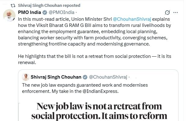 प्रधानमंत्री मोदी ने केंद्रीय मंत्री शिवराज सिंह चौहान के विकसित भारत जी राम जी विधेयक पर लिखा लेख साझा किया