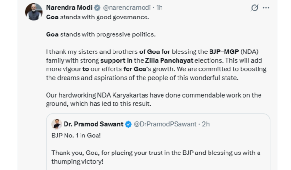 PM Modi thanks people of Goa for support to BJP–MGP alliance in Zilla Panchayat Polls