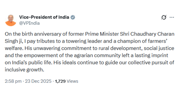 VP Radhakrishnan pays tribute to former PM Chaudhary Charan Singh on his birth anniversary