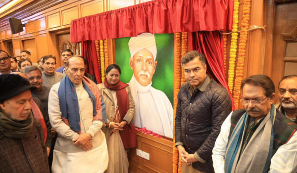 Rajnath Singh unveils portraits of Atal Bihari Vajpayee and Madan Mohan Malviya at Delhi Assembly
