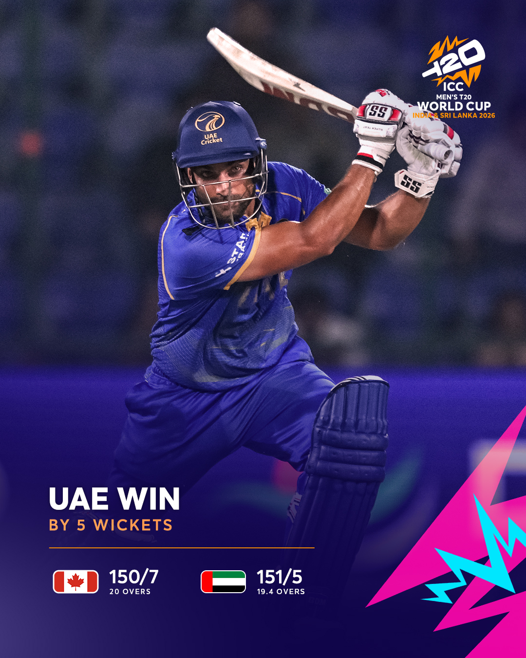 UAE secures five-wicket victory over Canada in ICC T20 World Cup