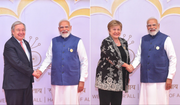 PM Modi welcomes Global leaders at Bharat Mandapam