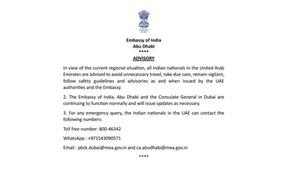 India advises all Indian nationals in UAE to avoid unnecessary travel