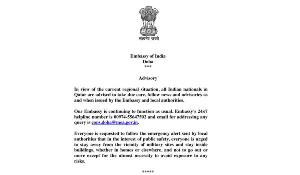 India issues an advisory urging all Indian nationals in Qatar to take due care