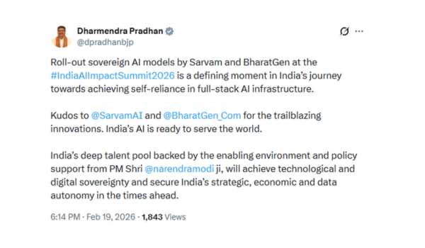 Union Minister Pradhan lauds roll-out of AI models by Sarvam and BharatGen at India AI Impact Summit 