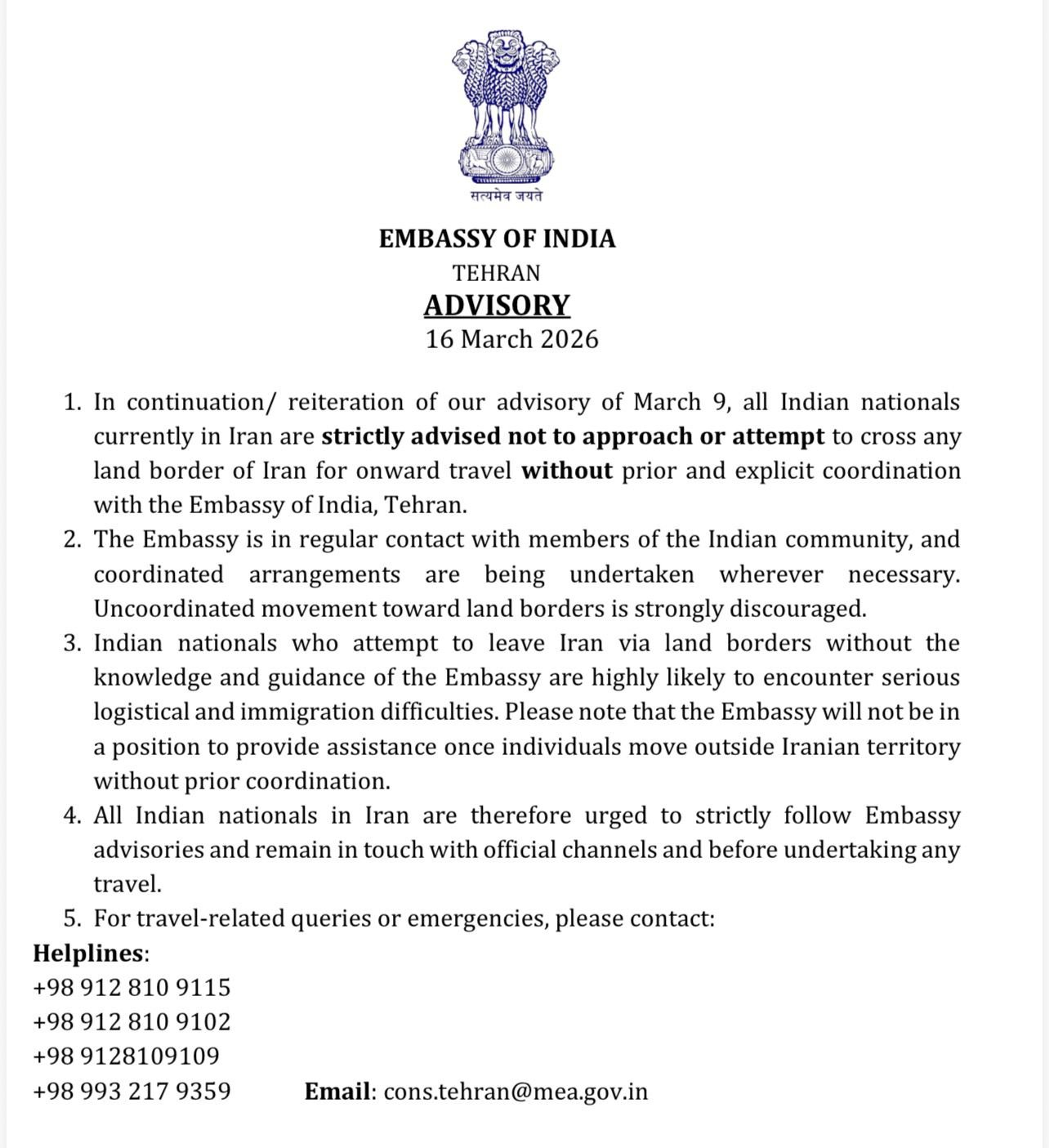 Indian Embassy in Tehran Warns Indian Nationals Against Uncoordinated Land Border Crossings in Iran