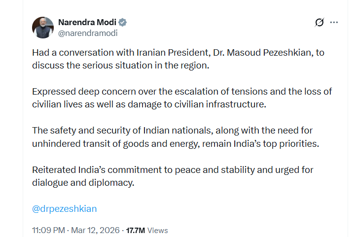 PM Narendra Modi discusses West Asia situation with Iranian President Masoud Pezeshkian