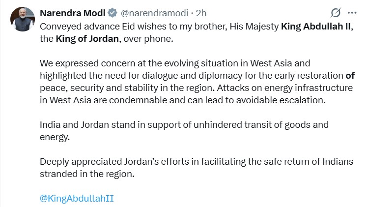प्रधानमंत्री नरेन्‍द्र मोदी ने जॉर्डन के राजा अब्दुल्ला द्वितीय से बातचीत की
