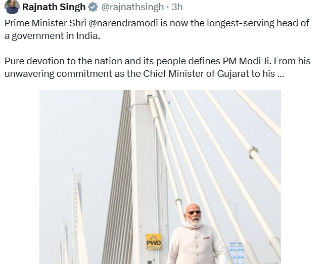 रक्षा मंत्री राजनाथ सिंह ने सबसे लंबे समय तक शासनाध्यक्ष रहने पर प्रधानमंत्री नरेंद्र मोदी को बधाई दी