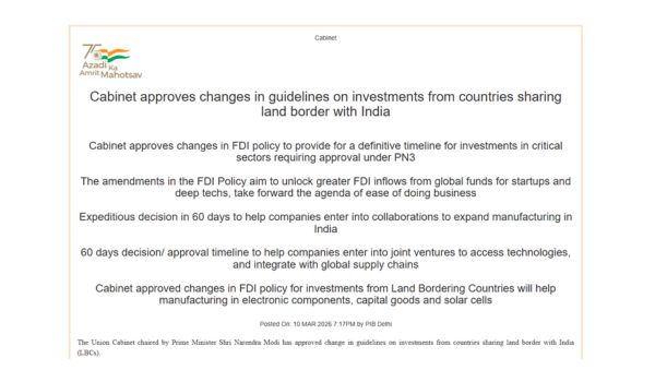 Cabinet eases FDI norms for countries sharing land border with India