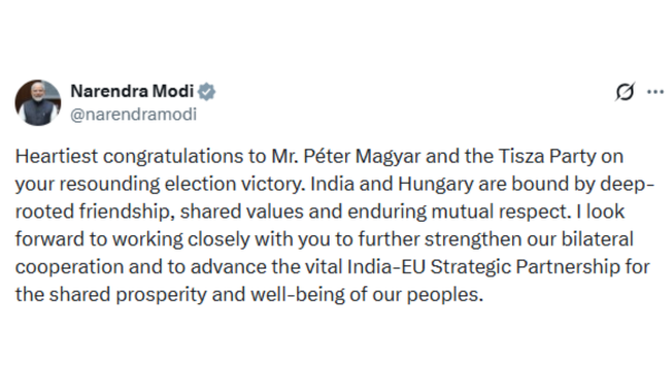 प्रधानमंत्री मोदी ने पीटर मैग्यार और टिस्ज़ा पार्टी को चुनाव में जीत के लिए बधाई दी