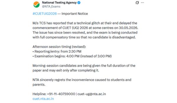 Technical glitch delays CUET-UG 2026 exam at some centres, NTA issues clarification
