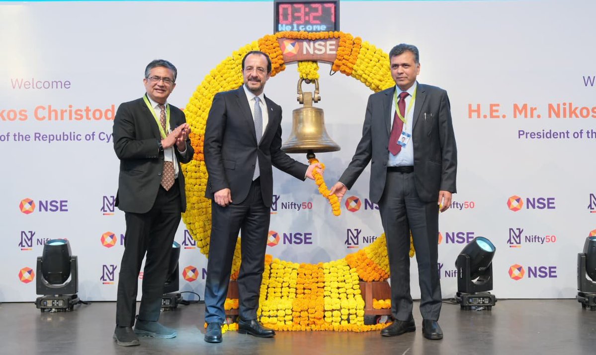 President of Cyprus Nikos Participates in Traditional Bell-Ringing Ceremony at NSE in Mumbai