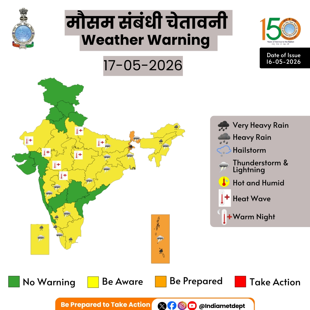 मौसम विभाग ने देश के कुछ स्थानों पर आज अत्‍यधिक तेज वर्षा की चेतावनी जारी की