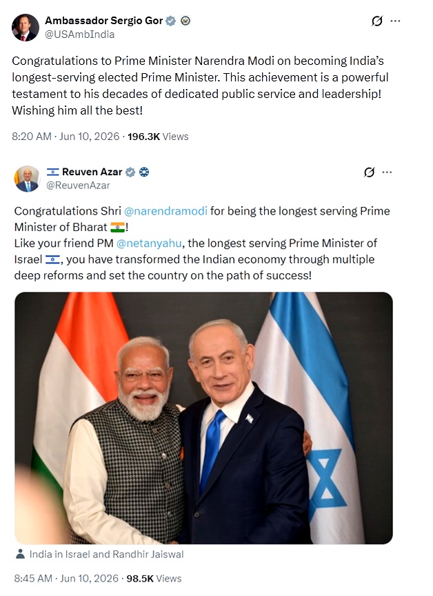 भारत में अमरीका के राजदूत सर्जियो गोर और इस्राएल के राजदूत रूवेन अजार ने प्रधानमंत्री मोदी को दी बधाई
