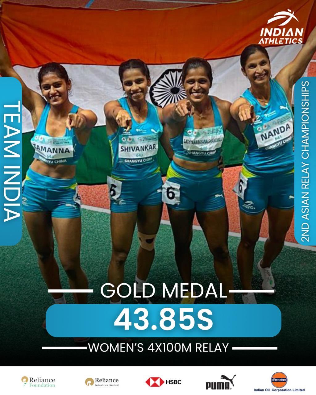 India Win Women’s 4x100m Relay Gold at Asian Relays Championships