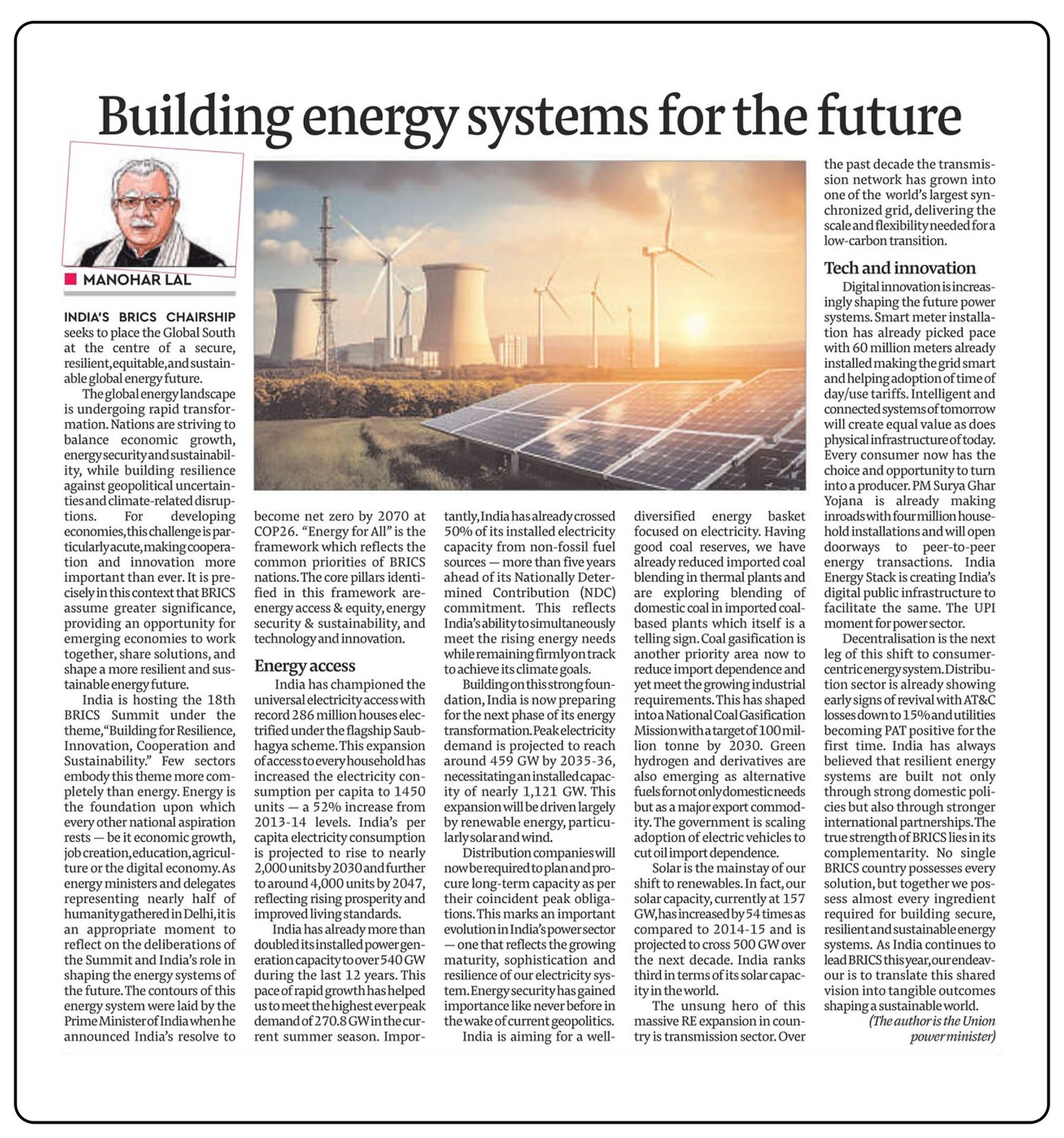 PM Modi shares Union Minister Manohar Lal’s article on Global South and energy security