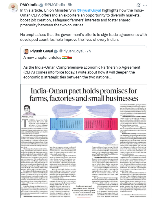 पीएम मोदी ने केंद्रीय मंत्री पीयूष गोयल द्वारा भारत-ओमान व्यापक आर्थिक साझेदारी समझौते पर लिखे एक लेख को साझा किया
