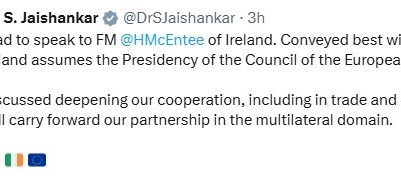 Ireland Assumes EU Council Presidency; EAM Jaishankar Extends Best Wishes