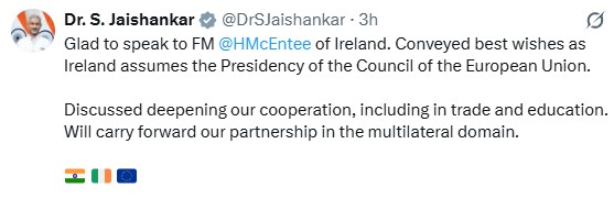 Ireland Assumes EU Council Presidency; EAM Jaishankar Extends Best Wishes