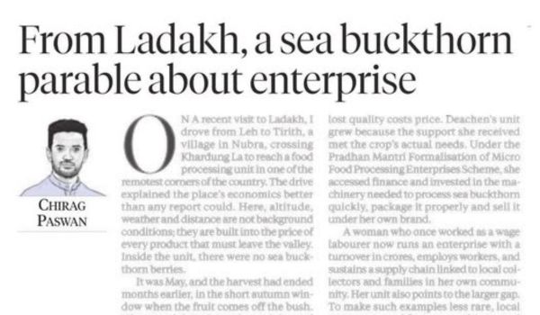 PM Modi shares Union Minister Chirag Paswan’s article on new opportunities in Ladakh