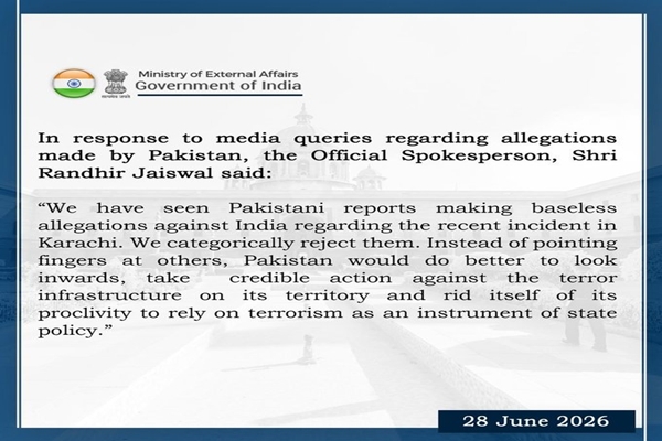 New Delhi rejects Islamabad’s allegations over recent incident in Karachi terming them baseless