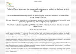 Defence Ministry clears 250 MW solar-BESS project on defence land in Uttar Pradesh