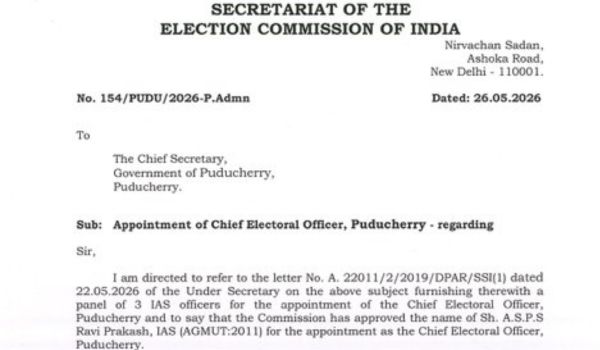 IAS Officer A.S.P.S. Ravi Prakash Appointed as Chief Electoral Officer of Puducherry