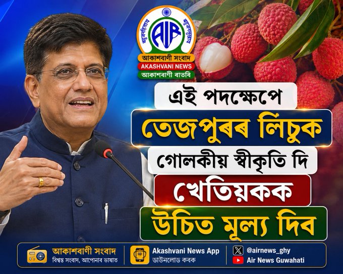 তেজপুৰৰ লিচু আন্তঃৰাষ্ট্ৰীয় বজাৰত প্ৰৱেশ কৰিছে বুলি পীয়ুষ গোৱেলৰ প্রকাশ