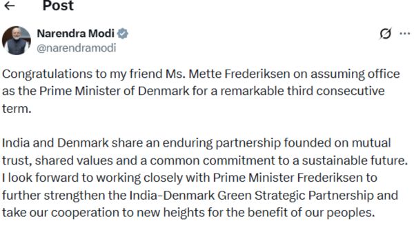 PM Narendra Modi Congratulates Mette Frederiksen on Third Term as Denmark Prime Minister