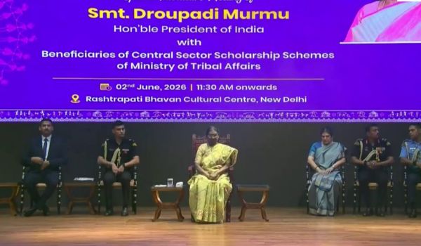 President Droupadi Murmu addresses tribal beneficiaries of scholarship schemes at Rashtrapati Bhawan