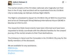 Mortal remains of 15 Indians who died in Vietnam boat tragedy to arrive home tonight