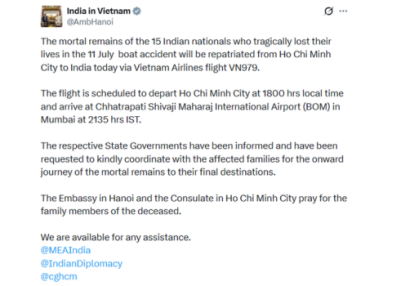 Mortal remains of 15 Indians who died in Vietnam boat tragedy to arrive home tonight