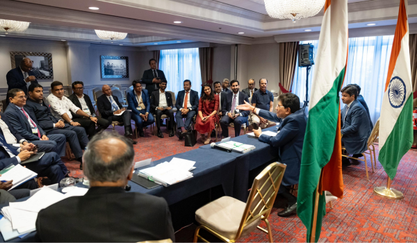 Union Minister Piyush Goyal interacts with Indian business delegation in Brussels