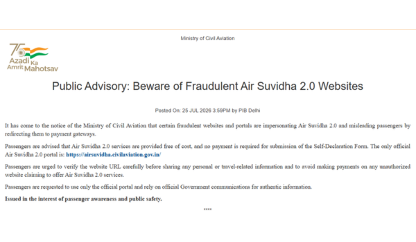 Civil Aviation Ministry warns against fake Air Suvidha 2.0 websites