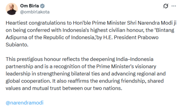 Lok Sabha Speaker congratulates PM Modi on Indonesia’s highest honour