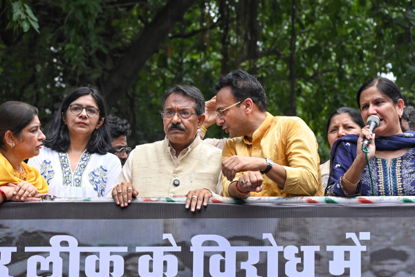 BJP protests outside AAP office over alleged paper leak in Punjab