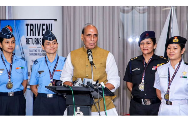 Defence Minister interacts with all-women IASV Triveni expedition team; lauds their achievement and determination
