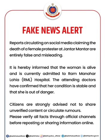 Delhi Police debunks fake news claims amid protest in Jantar Mantar