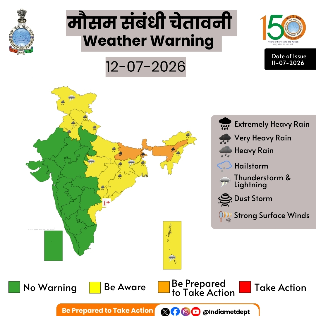 असम, मेघालय, बिहार, पश्चिम बंगाल के तराई क्षेत्रों और सिक्किम में आज तेज वर्षा का ऑरेंज अलर्ट