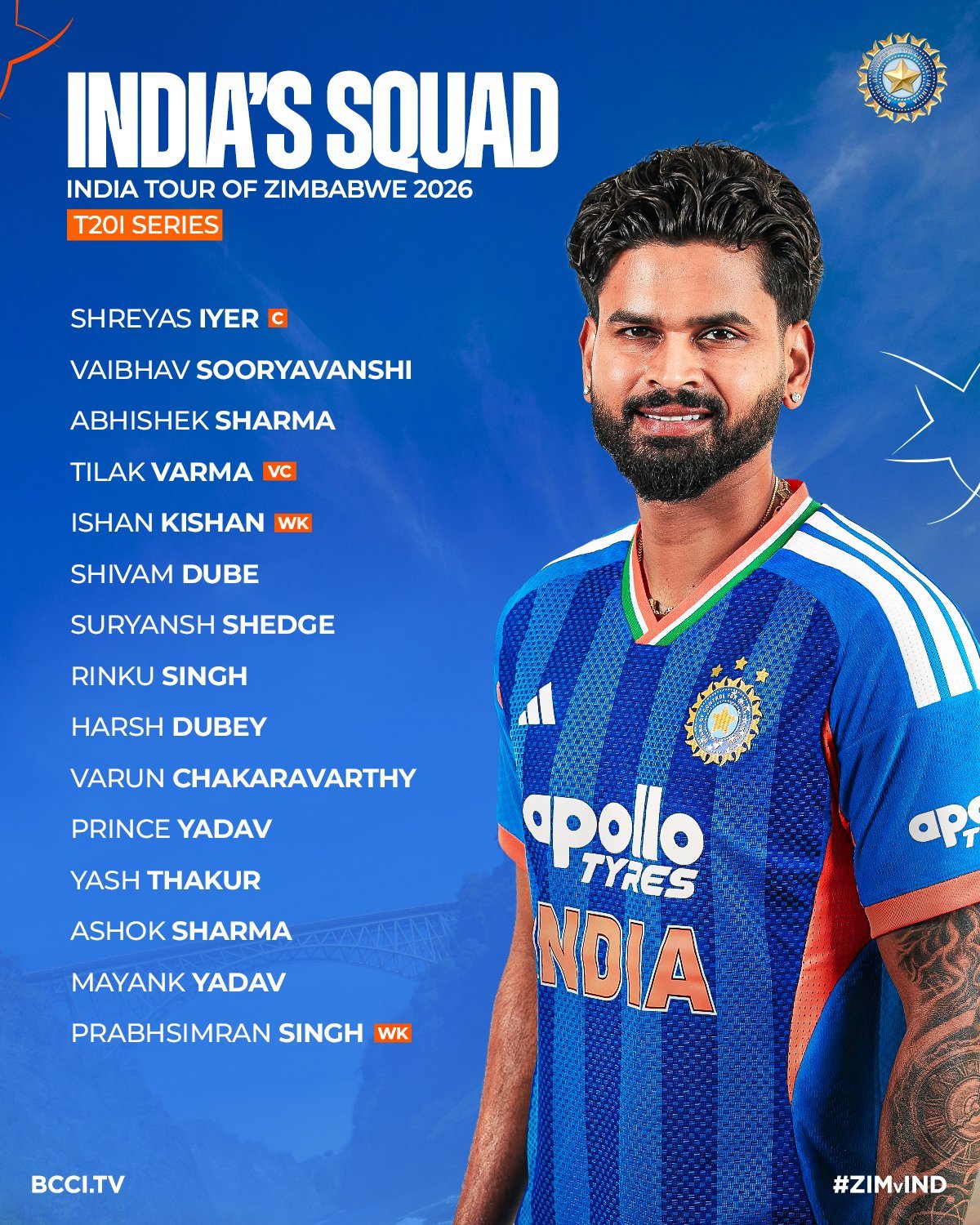 BCCI announces India’s men’s squad for Zimbabwe tour