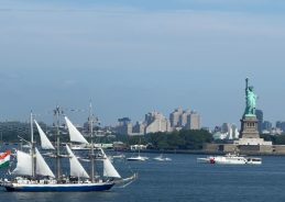 INS Sudarshini sails into  New York Harbour with the Tricolour