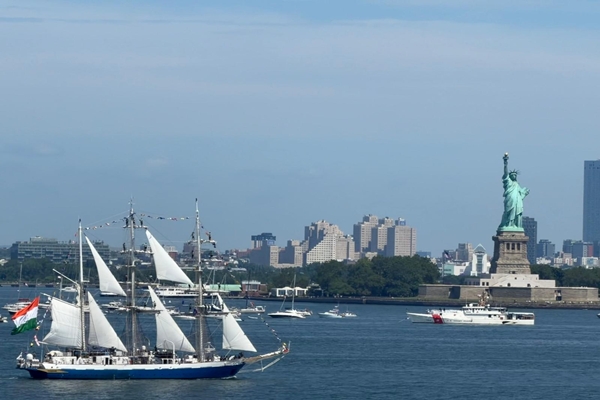 INS Sudarshini sails into  New York Harbour with the Tricolour