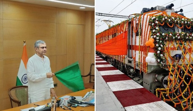 रेल मंत्री अश्विनी वैष्णव और उत्तराखंड के मुख्यमंत्री पुष्कर सिंह धामी ने रामनगर-देहरादून एक्सप्रेस रेलगाड़ी को दिखाई झंडी