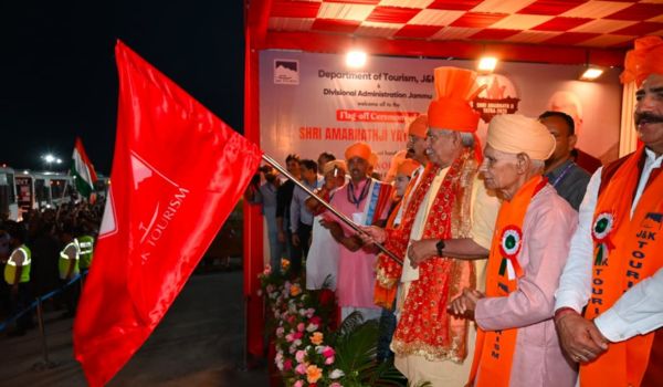 J&K LG Manoj Sinha flags off first batch of Shri Amarnathji Yatra pilgrims
