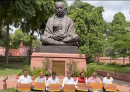 BJP MPs from Jharkhand stage protest in front of Mahatma Gandhi statue at Parliament Premises
