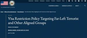 US imposes new visa restrictions to bar far-left terrorists from entering the country